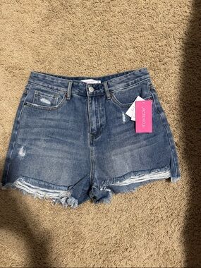 Shoe Dazzle Medium Blue Distressed High-Rise Denim Shorts